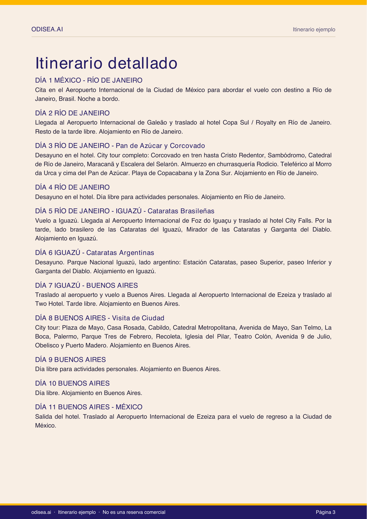 Page 3 of the Odisea sample itinerary PDF, showing the printed days from Mexico City to Rio
